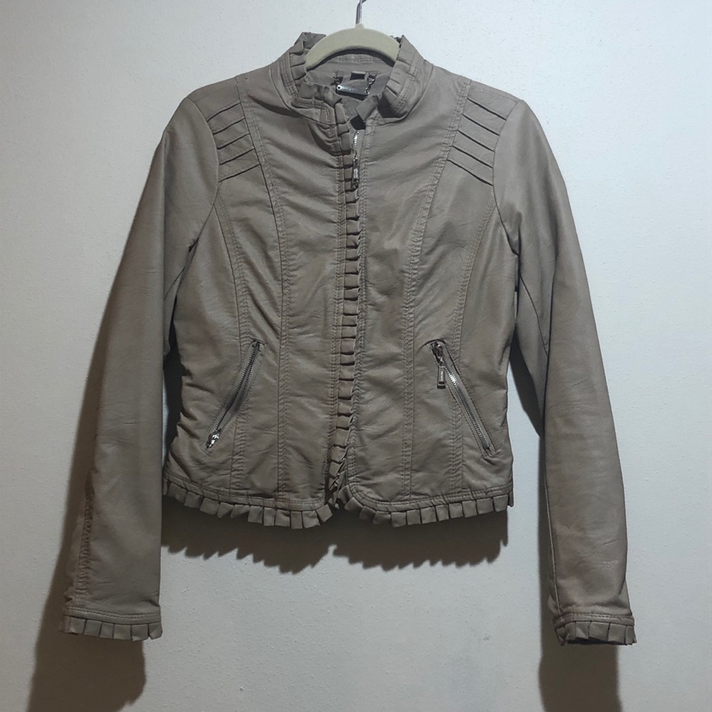 Jou Jou Tan Faux Leather Jacket Ruffle Detail